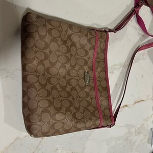Coach Brown Signature Crossbody with Pink Trim